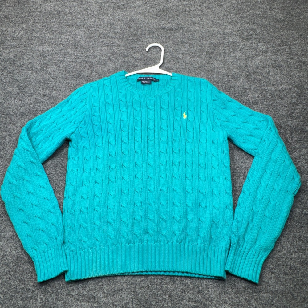 Ralph Lauren Cable Knit Sweater Womens Medium Blue Crewneck 100% Cotton Pullover